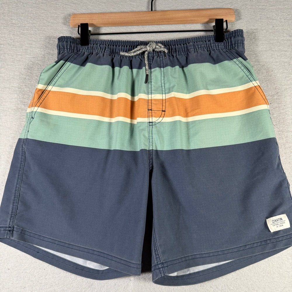 Katin Mens Striped Board Shorts Navy Teal Orange Size Large 6 Inch Inseam